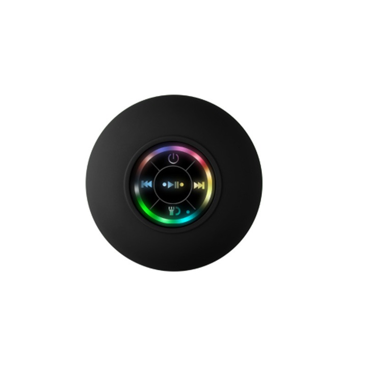 Vízálló Bluetooth hangszóró nagy tapadókoronggal, LED-del, okostelefon vezérléssel, fekete