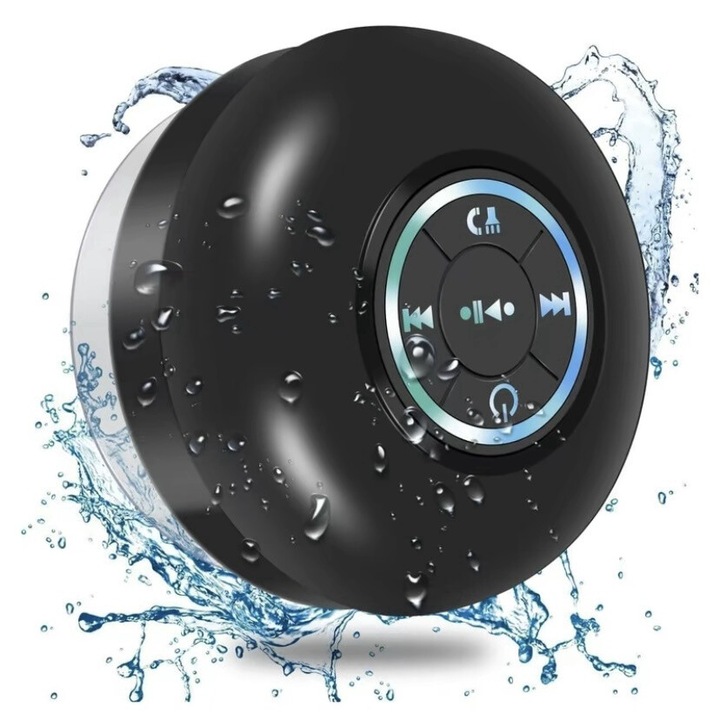 Boxa Bluetooth impermeabila cu ventuza mare, LED, control prin smartphone, neagra