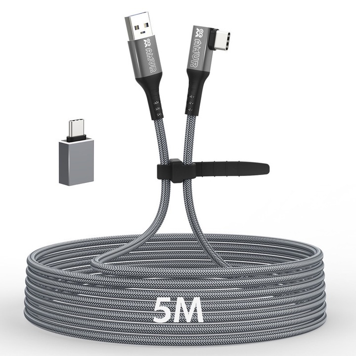 Töltőkábel Oculus Quest 2-höz, Hrusitoo, 20 FT, Gyors adatátvitel USB 3.0, A-C típusú adapter, szürke, 5M