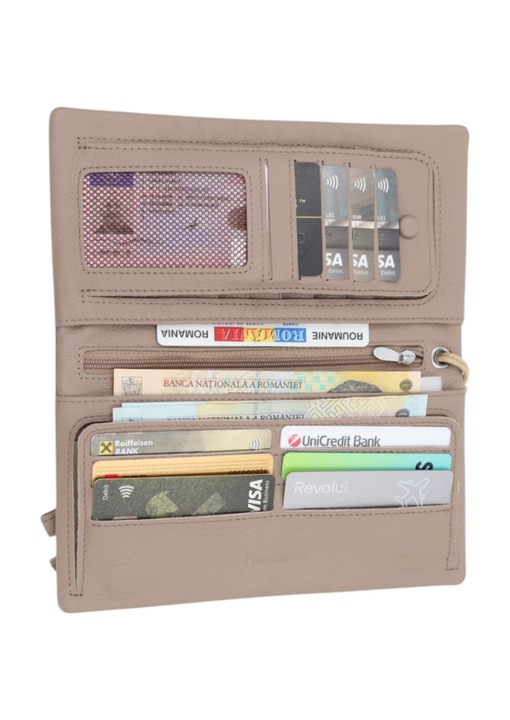 Portofel de dama din piele naturala Hassion R65, khaki