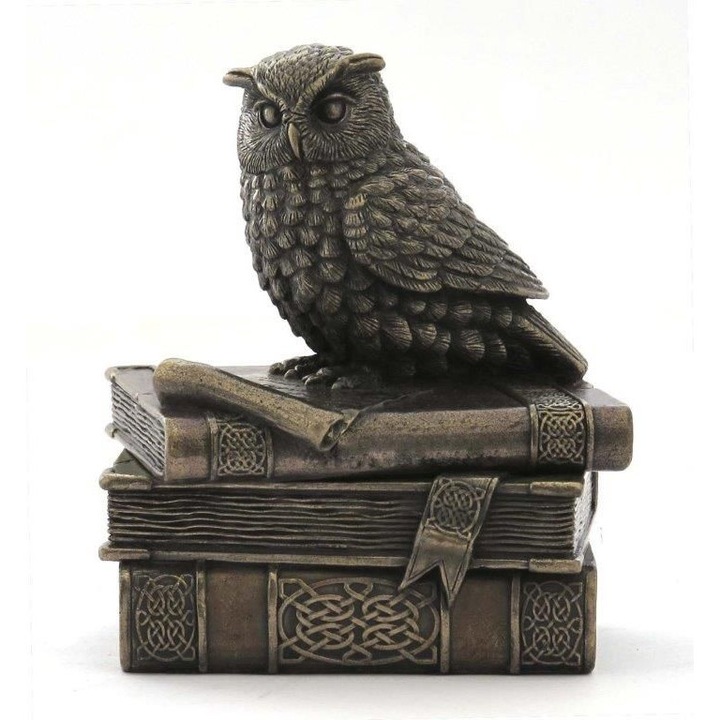 Statueta Cutie Bufnita, polirasina acoperita cu bronz, absolvire, 9.5x9.5x12 cm