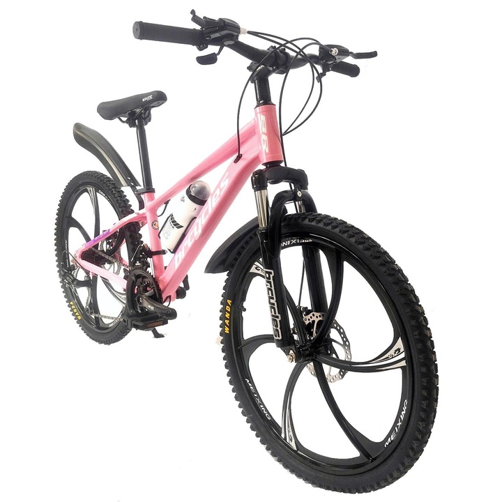 Bicicleta MTB 24″ BR Tornado, cadru Aluminiu, 21 viteze, Roti magnesium cu Shimano, Roz