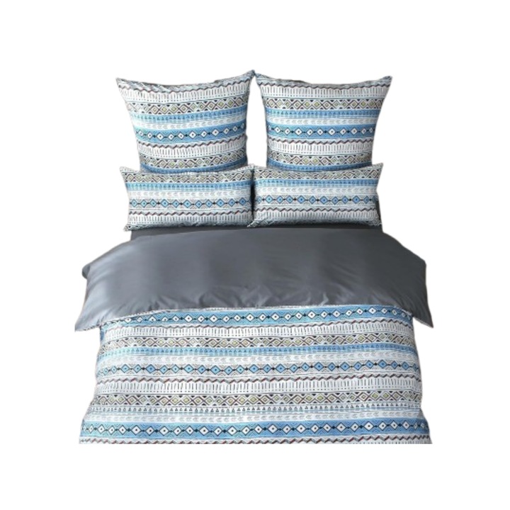 Ágynemű, MILDLY, boho geometrikus minta, 2 oldalon megfordítható, pamutból, szatén szövetből, finom tapintású, 2 részes szett, paplanhuzat 155 x 220 cm és párnahuzat 80 x 80 cm, Öko-Tex minősítésű, Szürke és sokszínű