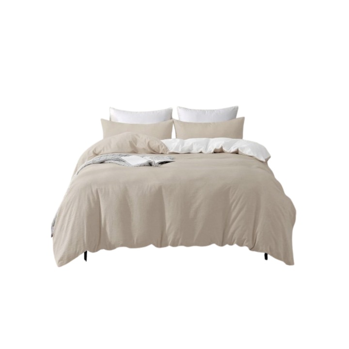 Ágynemű, Enyhén, 2 oldalon megfordítható, 2 darabos készlet - paplanhuzat 155 x 220 cm és párnahuzat 80 x 80 cm, 100% pamut, Öko-Tex tanúsítvány, bézs és fehér