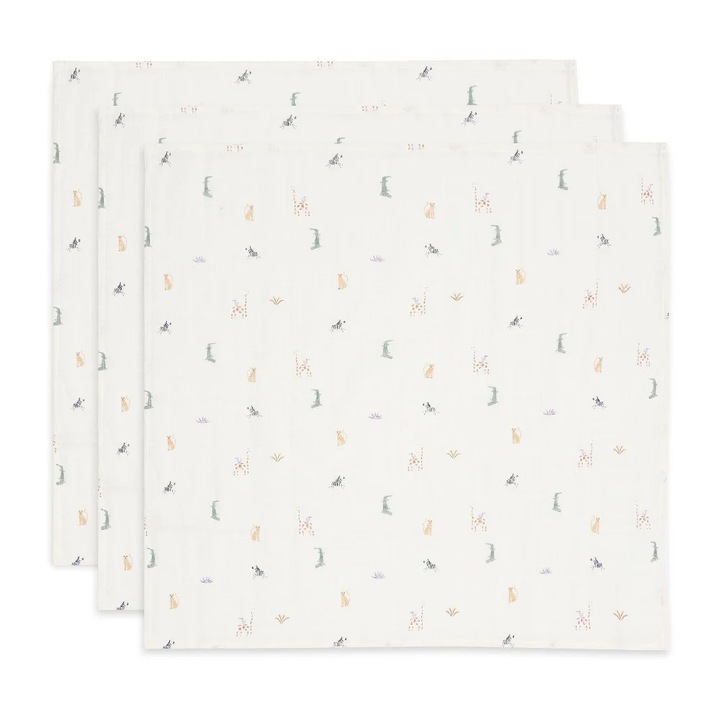 Set 3 museline din bumbac, Jungle Jambo, Alb, 70x70 cm, OEKO-TEX