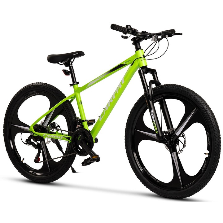 MTB kerékpár 26"-os magnézium kerekekkel, Shimano/Sunrun felszerelés, 21 sebesség, szekvenciális karok, zöld/fehér, Mountain Bike Carpat Evolutions Genius tárcsafékekkel, integrált kábelekkel és alumínium vázzal