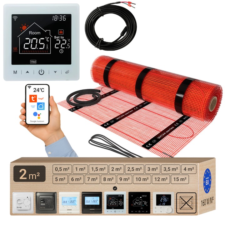 Pachet covor incalzire in pardoseala Warmcoin WCM, 2.0 m² (320W, 230V), termostat WIFI control Warmcoin W100, alb