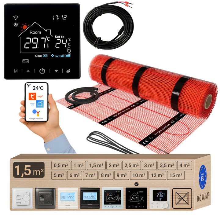 Pachet covor incalzire in pardoseala Warmcoin WCM, 1.5 m² (240W, 230V), termostat WIFI control Warmcoin W100, negru