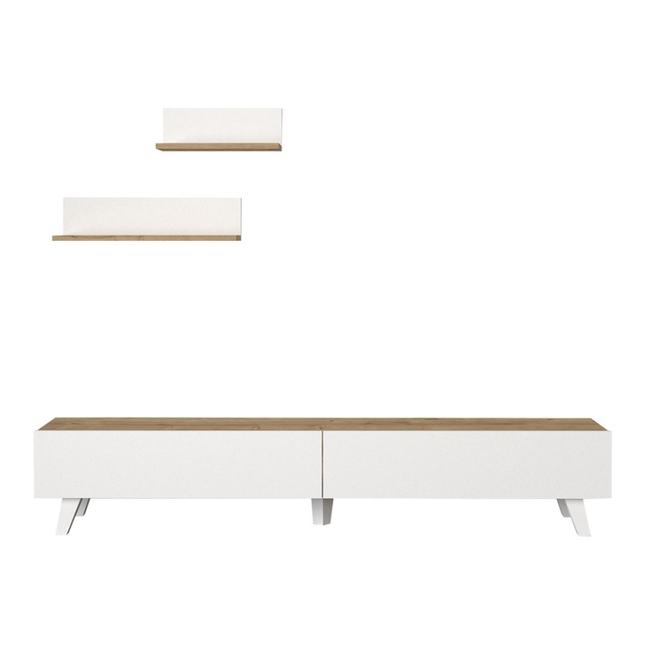 Set comoda TV cu 2 rafturi, en.casa, Saarijarvi, 180 x 31 x 33 cm, pal, efect stejar, alb