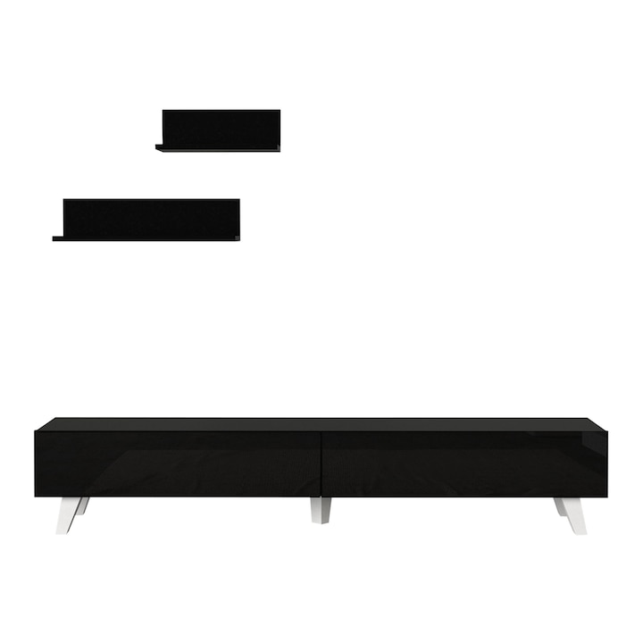 Set comoda TV cu 2 rafturi, en.casa, Saarijarvi, 180 x 31 x 33 cm, pal, negru
