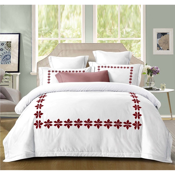 Set Lenjerie CHIRASO Eleganta din Bumbac, cu imprimeu deosebit, pentru pat dublu, 4 piese, Cearceaf de pat cu elastic 180 x 200 cm, Cearceaf pilota 200 x 230 cm, 2 fete de perna 55 x 80 cm, alb-rosu inchis