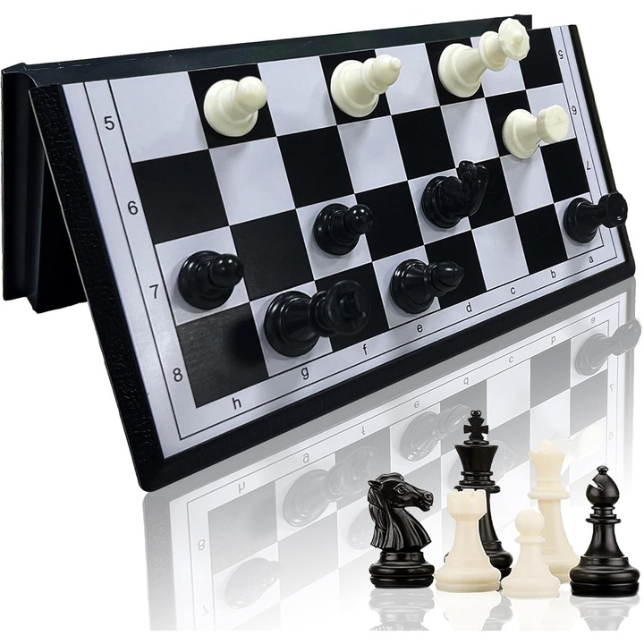 Set de jocuri de sah portabil, tabla magnetica, alb-negru, 32x32x2cm