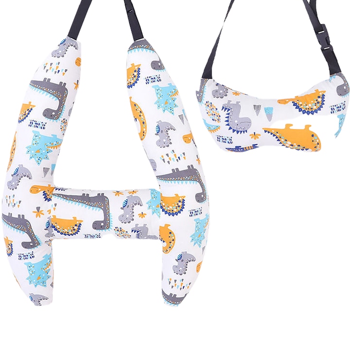 Възглавница за пътуване с кола за деца, опора за тялото и главата, приставка за предпазен колан, универсална, модел на бял динозавър