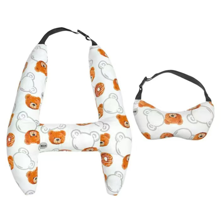 Възглавница за пътуване с кола за деца, опора за тялото и главата, приставка за предпазен колан, универсална, модел на плюшено мече
