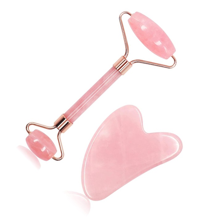 Set 2 rola jad si gua sha pentru masaj facial si corporal, masor, reduce cearcanele, amelioreaza tensiunea musculara, ingrijire faciala, pentru reducerea cearcanelor si imbunatatirea ridurilor, spa, piatra gua sha, roz