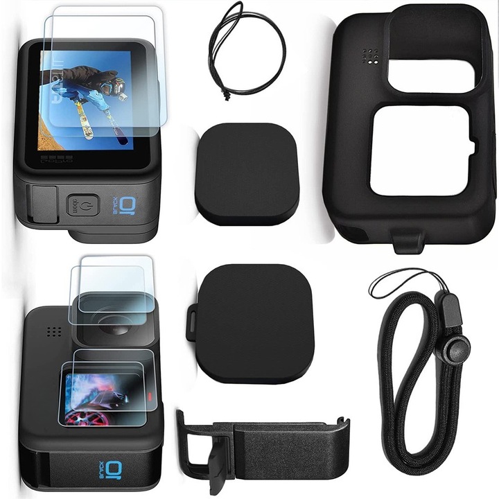 Védő szilikon tok, Edzett üveg, LCD képernyő üveg GoPro Hero 9 10 11 fekete, Akkumulátortöltő oldalsó fedél, lencsevédő, kifinomult dizájn, kiváló kidolgozás, átlátszó