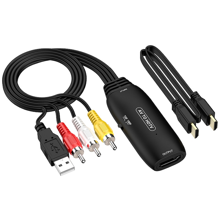 AV-HDMI kábel, 1080P, DVD / játékkonzol / set-top box / monitor / projektor, 5 V USB tápcsatlakozó, kompakt és hordozható két porttal, fekete