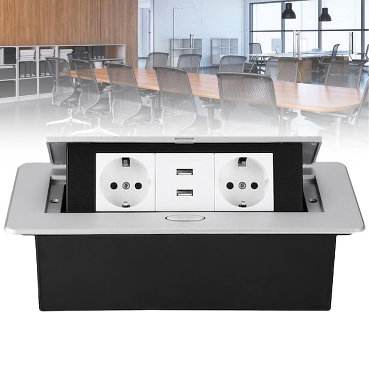 Kesment Вграден контакт за кухненски плот, маса или бюро, 2 контакта Schuko и 2 USB контакта с вградено зарядно устройство, вградено, сребристо покритие