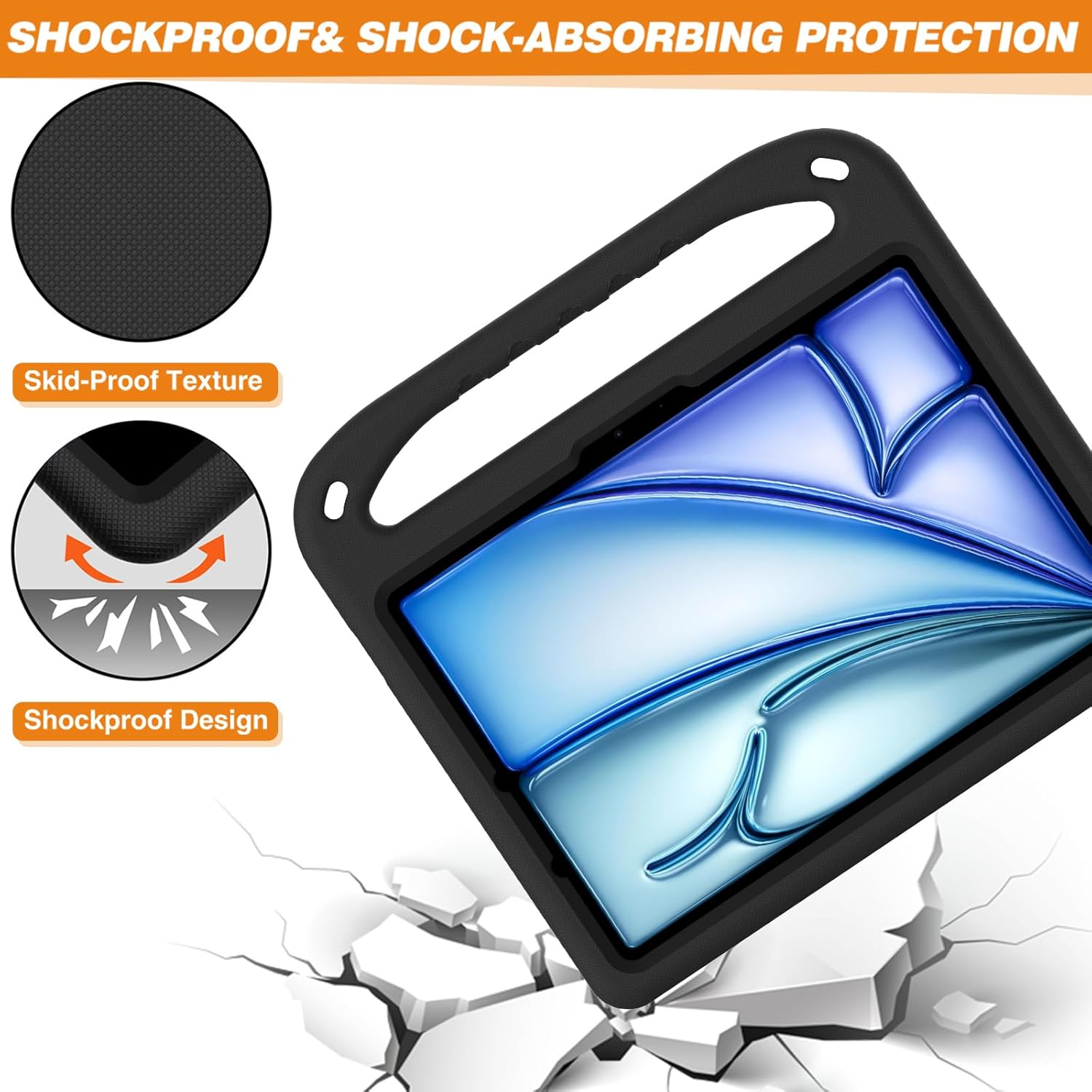 Potrivit pentru iPad Air 13 inch/iPad Pro 13 inch 2024 M4/, capac iPad Pro 12.9 tableta, maner de protectie usor EVA prietenos cu amortizarea socurilor, suport incorporat, suport pentru creioane (negru)