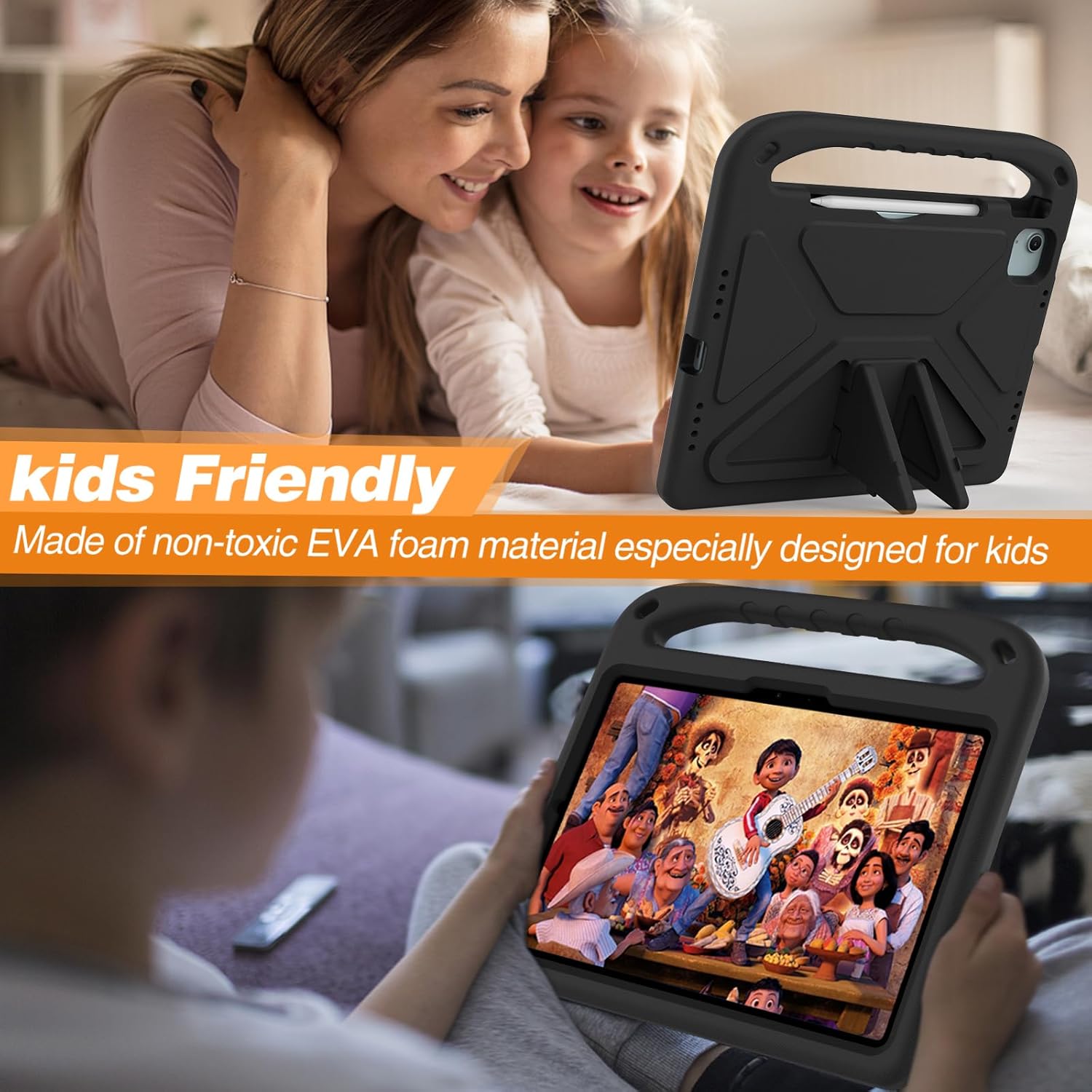 Potrivit pentru iPad Air 13 inch/iPad Pro 13 inch 2024 M4/, capac iPad Pro 12.9 tableta, maner de protectie usor EVA prietenos cu amortizarea socurilor, suport incorporat, suport pentru creioane (negru)