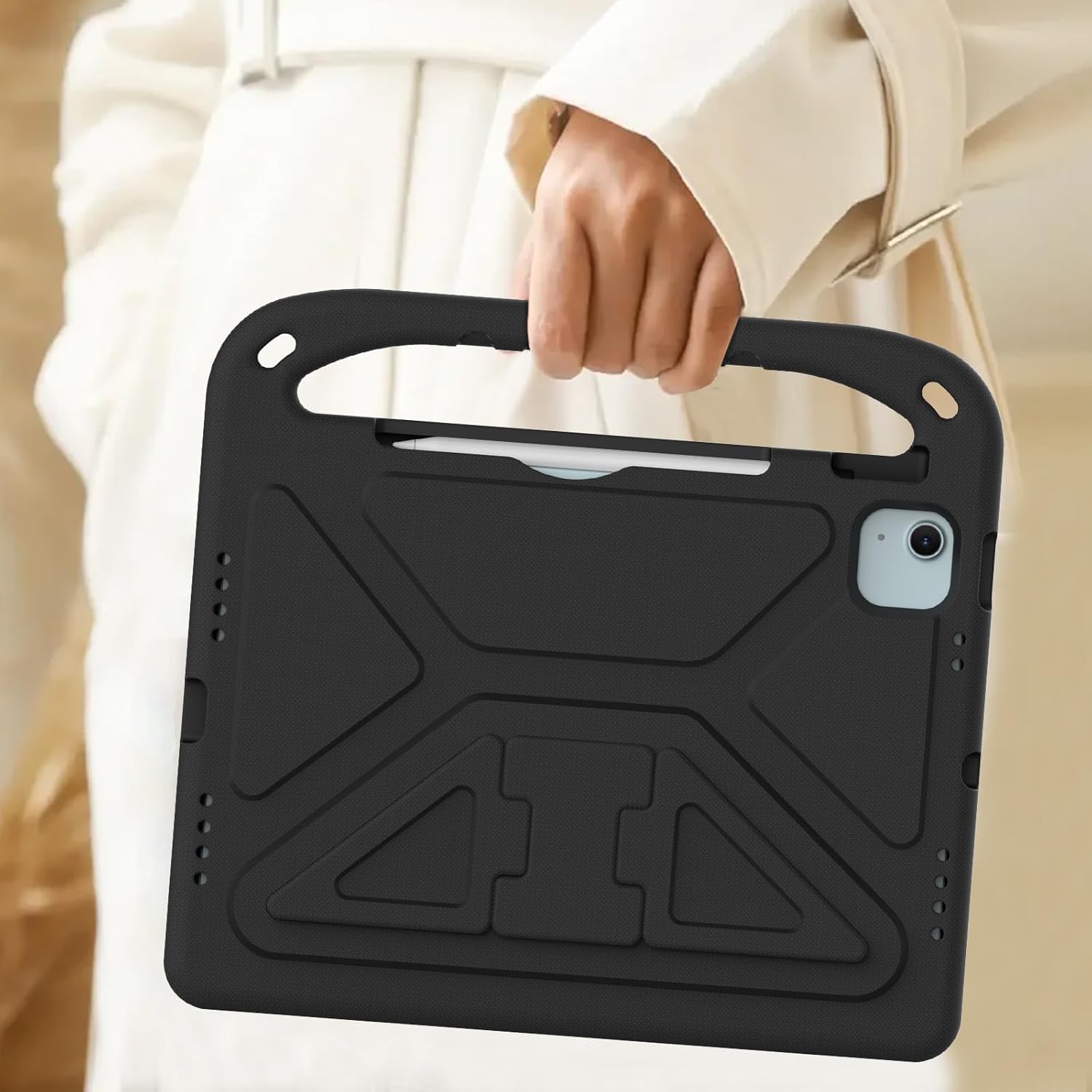 Potrivit pentru iPad Air 13 inch/iPad Pro 13 inch 2024 M4/, capac iPad Pro 12.9 tableta, maner de protectie usor EVA prietenos cu amortizarea socurilor, suport incorporat, suport pentru creioane (negru)