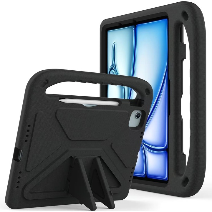 iPad Air 13 hüvelykes/iPad Pro 13 hüvelykes 2024 M4/, iPad Pro 12.9 tablethez alkalmas, könnyű, EVA-barát ütéscsillapító védőfogantyúval, beépített állvánnyal, ceruzatartóval (fekete)