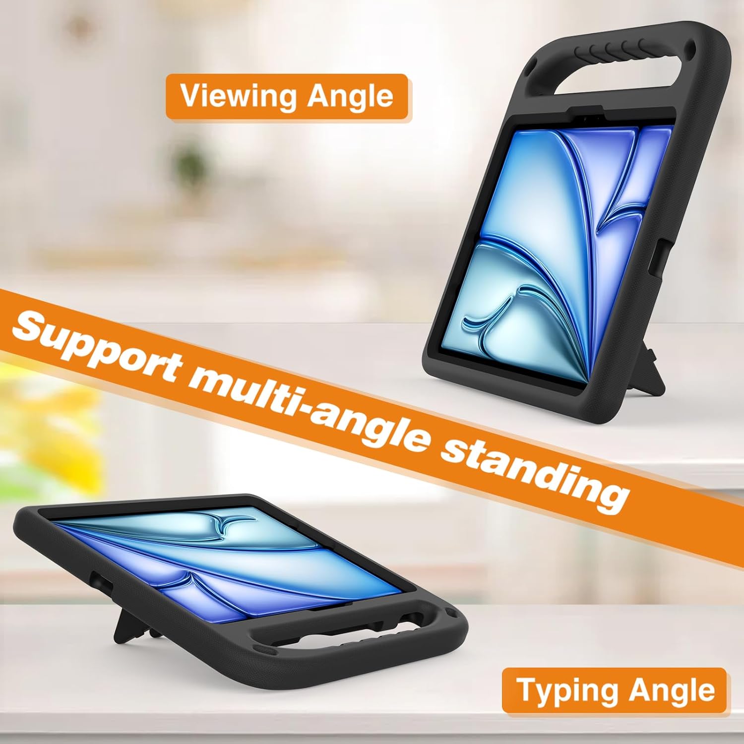 Potrivit pentru iPad Air 13 inch/iPad Pro 13 inch 2024 M4/, capac iPad Pro 12.9 tableta, maner de protectie usor EVA prietenos cu amortizarea socurilor, suport incorporat, suport pentru creioane (negru)