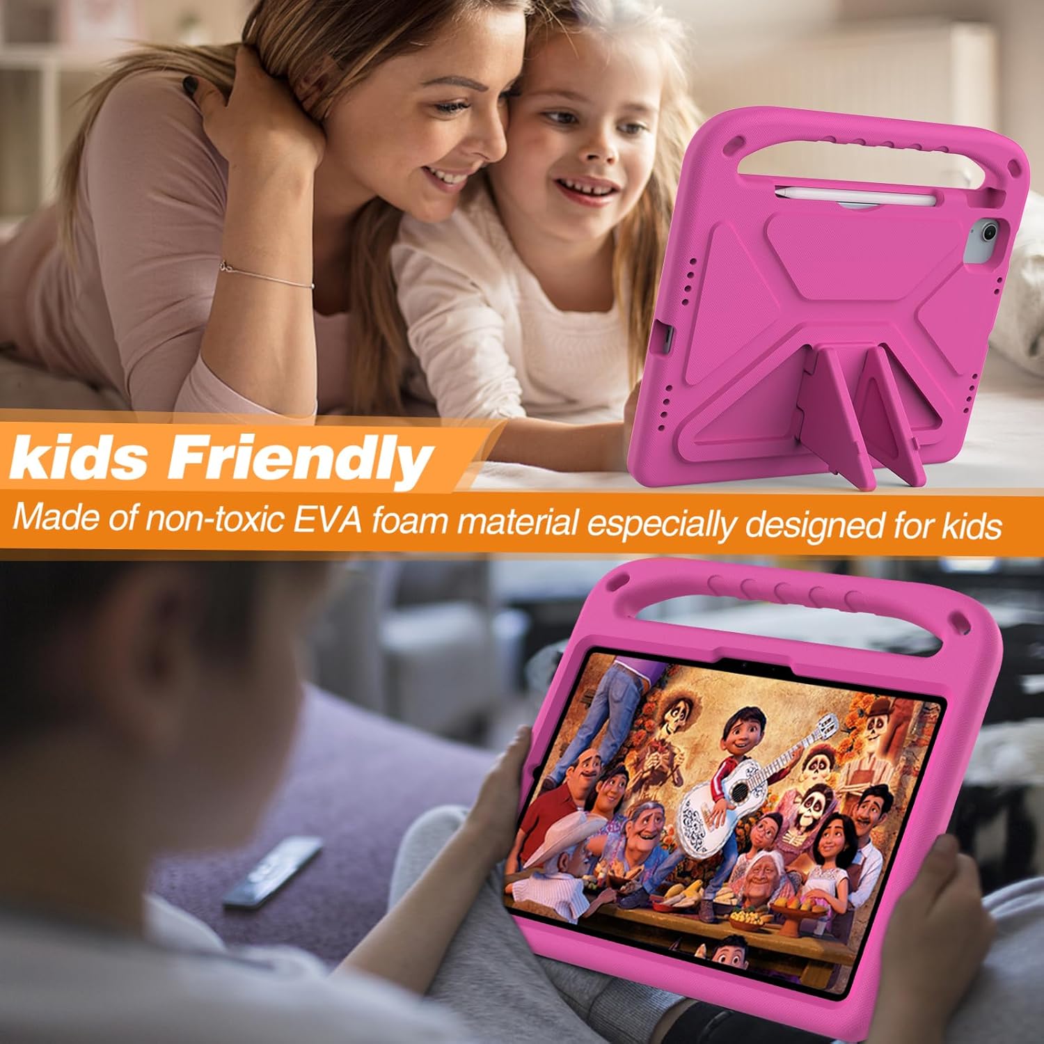 Potrivit pentru iPad Air 13 inch/iPad Pro 13 inch 2024 M4/, capac iPad Pro 12.9 tableta, maner de protectie usor EVA prietenos cu amortizarea socurilor, suport incorporat, suport pentru creioane (Roz)