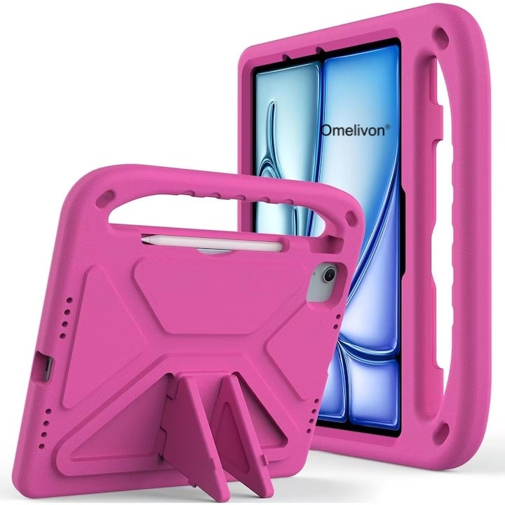 Potrivit pentru iPad Air 13 inch/iPad Pro 13 inch 2024 M4/, capac iPad Pro 12.9 tableta, maner de protectie usor EVA prietenos cu amortizarea socurilor, suport incorporat, suport pentru creioane (Roz)