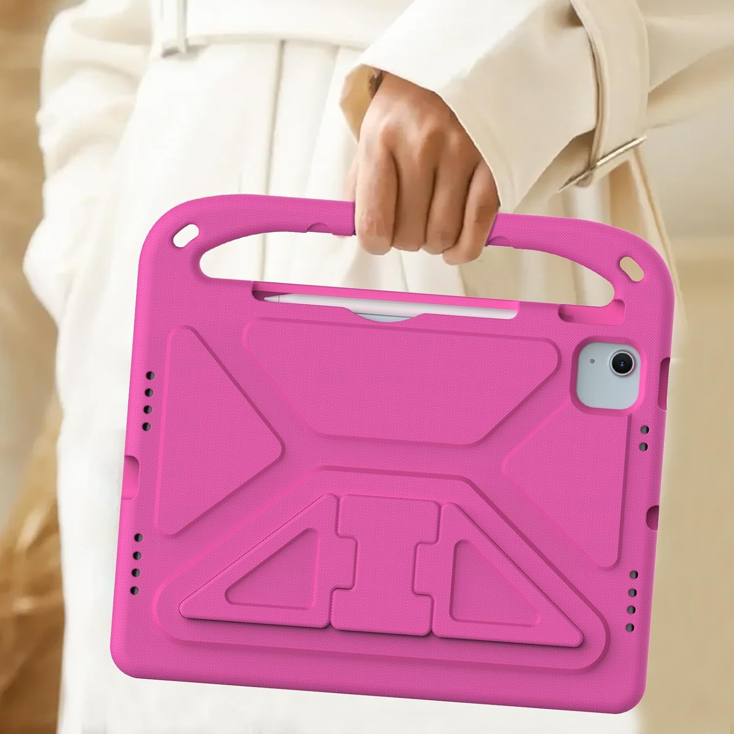 Potrivit pentru iPad Air 13 inch/iPad Pro 13 inch 2024 M4/, capac iPad Pro 12.9 tableta, maner de protectie usor EVA prietenos cu amortizarea socurilor, suport incorporat, suport pentru creioane (Roz)