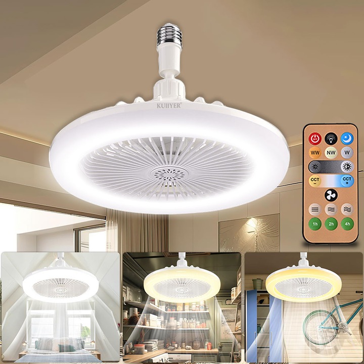 Вентилатор за таван с LED осветление, многофункционален, основа на лампата E27, 3 цвята на светлината, нисък шум 30 dB, фиксирана настройка на посоката, бял