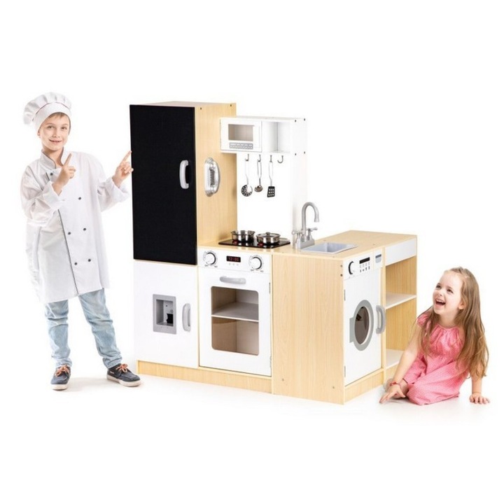 Многофункционална дървена кухня idealSTORE, Размери 126 x 30 x 106, 5 см, Оборудвана с Печка с осветление, Пералня, Хладилник, Микровълнова фурна, Мивка, Шкаф с рафтове, Дъска за писане, Телефон, Кухненски прибори