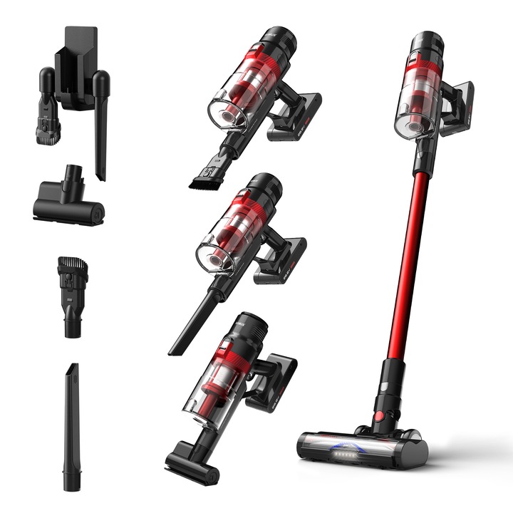 Aspirator vertical fara fir 2 in 1 Samus Hurricane Max Pro, 600 W, Putere de aspirare max. 29 kPa (210 W), 3 trepte de putere, Recipient colectare 0.8 litri, Autonomie 60 min, Baterie 4000 mAh, Gri/rosu