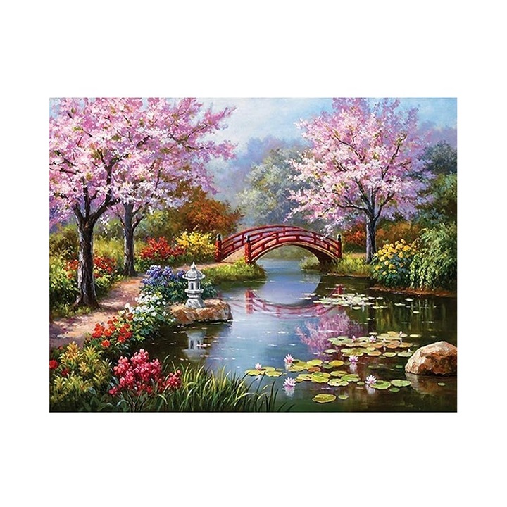 Set pictura cu diamante Macomi™, model Gradina Japoneza, 30cm x 40cm, Multicolor
