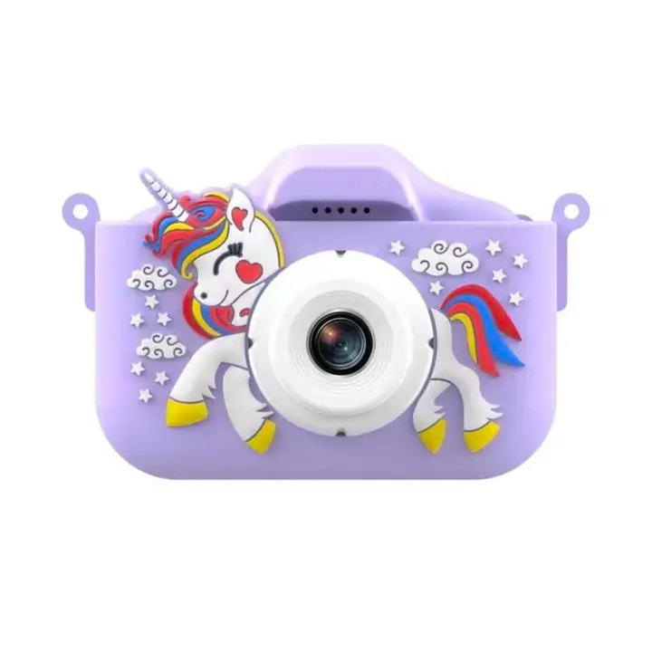 Gyermekkamera, 32 GB-os SD kártya 1080P HD, 48 millió pixel, 2,0 hüvelykes, 600 mAh, Unicorn, Lila