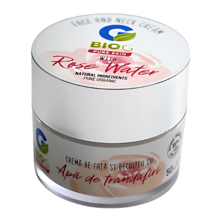 Crema organica pentru fata si decolteu BIO G Pure Skin 50 ml cu Apa de trandafiri Rosa Damascena, Acid Hialuronic si Bakuchiol