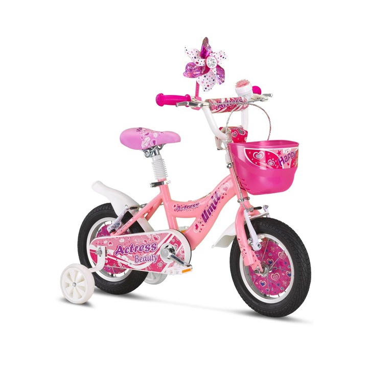 Bicicleta copii 12" UMIT Actress, roz, cos jucarii, morisca vant, sonerie, roti ajutatoare, varsta 2-4 ani, 85-105 CM