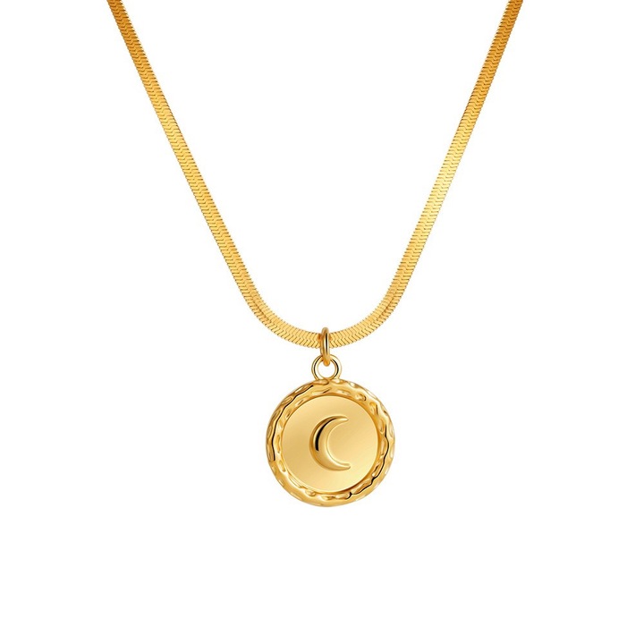 Colier cu Pandantiv Moneda Vintage, Aliaj, Model Luna, Aurie, 40cm