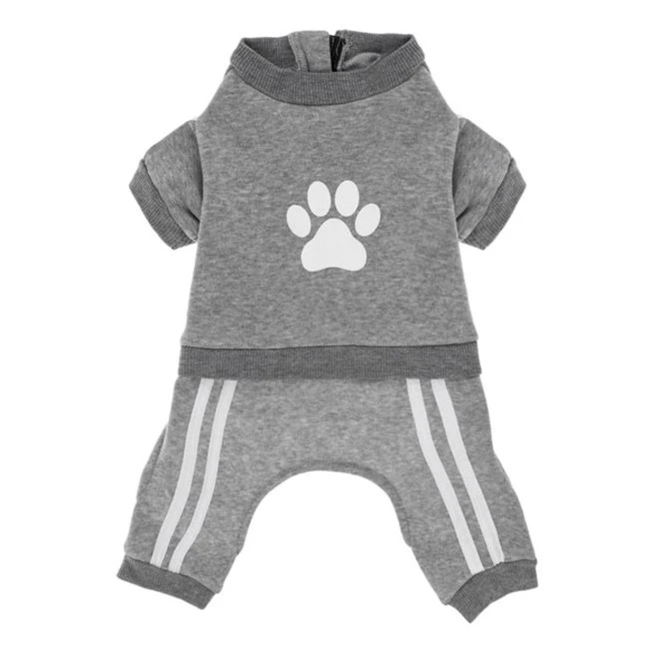 Kisállat jumpsuit, szürke, fehér csíkokkal és sportcipzárral, M-es méret