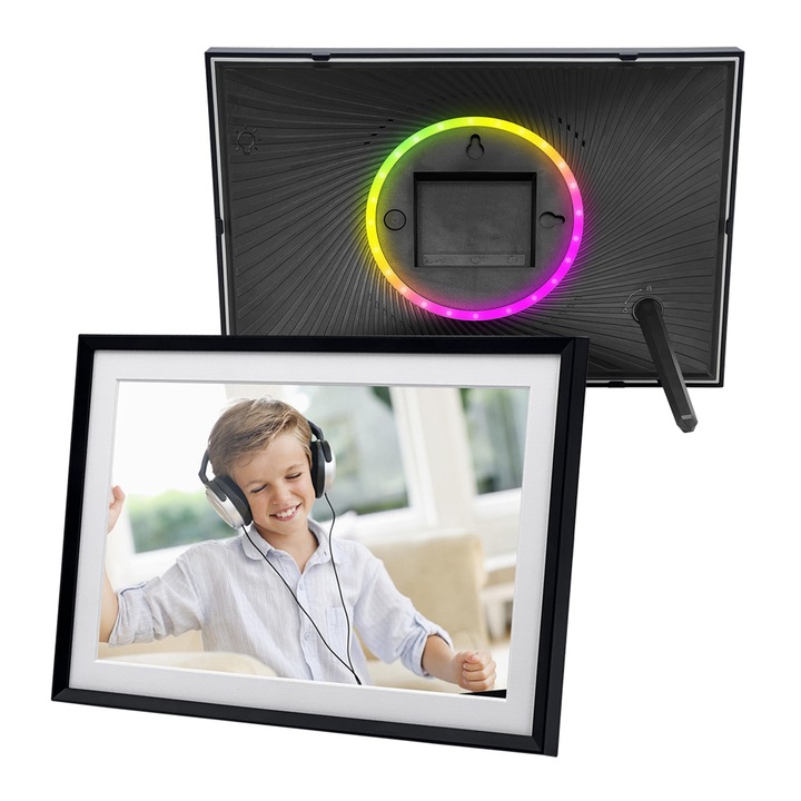 WiFi 10.1 OnXsmart цифрова фоторамка, IPS HD 1280x800 сензорен екран, с вграден LED, Android 6, RGB околни светлини, 32GB вътрешна памет, Поддържа карта до 128GB, споделяне на снимки и видео чрез приложението AiMOR, Температурен дисплей
