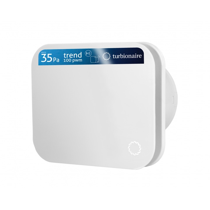 Вентилатор за баня Turbionaire TREND 100 PWM, Сензор за присъствие, Преден панел Matt White, Горно налягане до 35 Pa, Възвратен клапан, Диаметър на връзката 100 mm