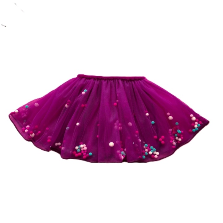 Fusta tulle accesorizata cu pompoane, Fucsia inchis
