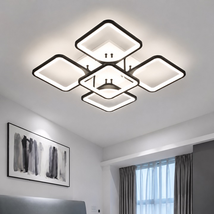Lustra LED Premium Dimabila cu 5 Surse de Iluminare, Control prin Telecomanda, Lumina Alb Rece, Cald si Neutru, Intensitate Reglabila, Putere Pana La 80W, Dimensiuni 39x39x12 cm, Design Modern din Metal si Acril