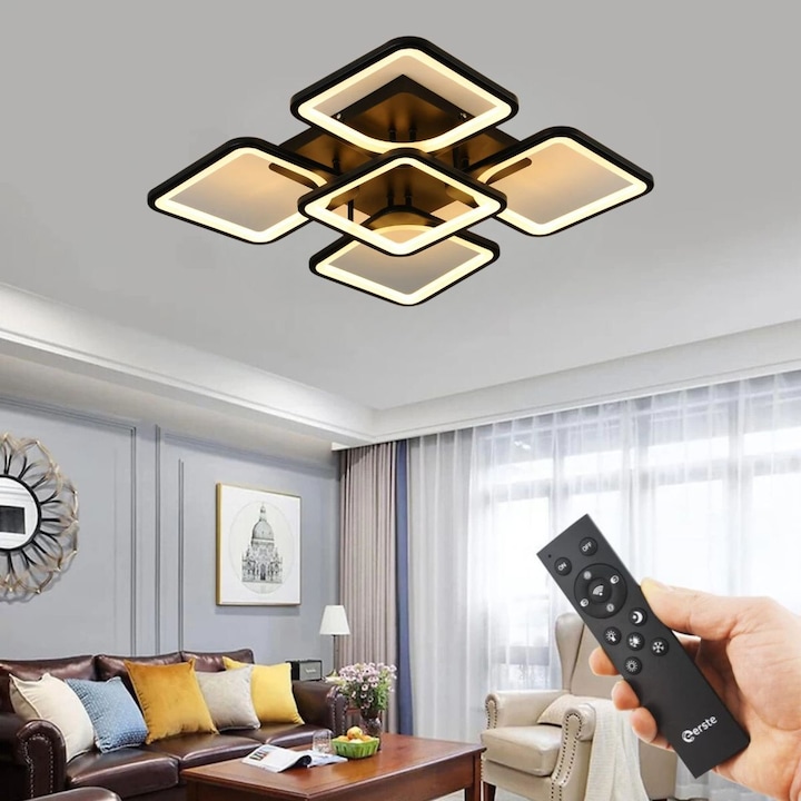 LED полилей, Димируем, с 5 източника на осветление, дистанционно управление, студена, топла и неутрална бяла светлина, регулируем интензитет, мощност 65W-130W, размери 40x40x12 см, модерен дизайн от метал и акрил