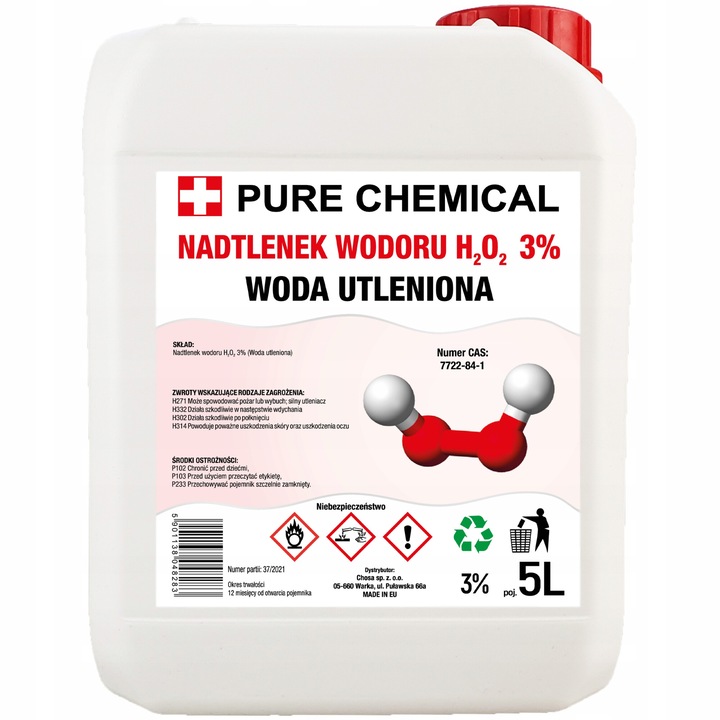 Peroxid De Hidrogen 3%, Pure Chemical, Tip Lichid, Ambalaj Hdpe 5 L, Ambalaj Rezistent La Substante Chimice, Certificat Ue, Cu Capac Ventilat, Inchidere Multipla, Compozitie: Peroxid De Hidrogen 3%, Apa Distilata 97%, 5 Litri