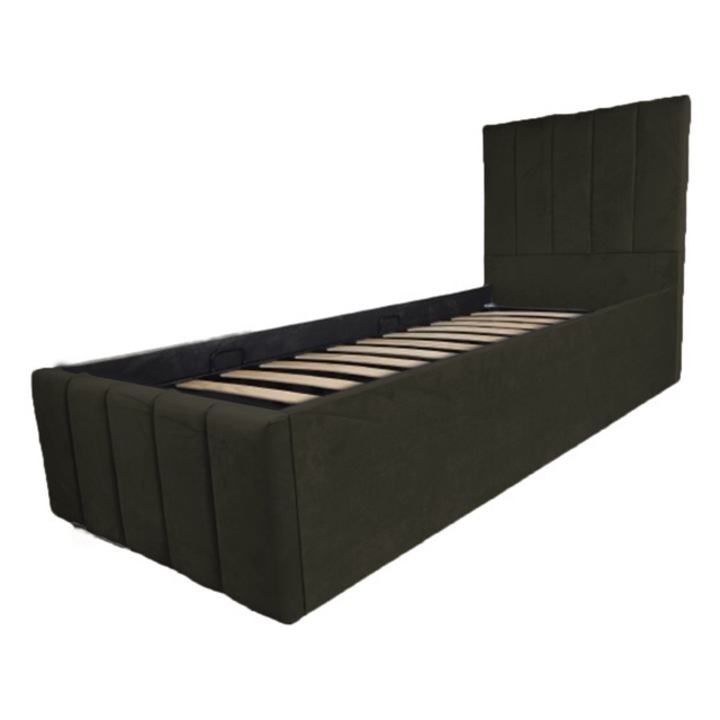 Pat dublu tapitat Confort Plus, 190/120 cm, green coffee, cu somiera metalica rabatabila si spatiu de depozitare