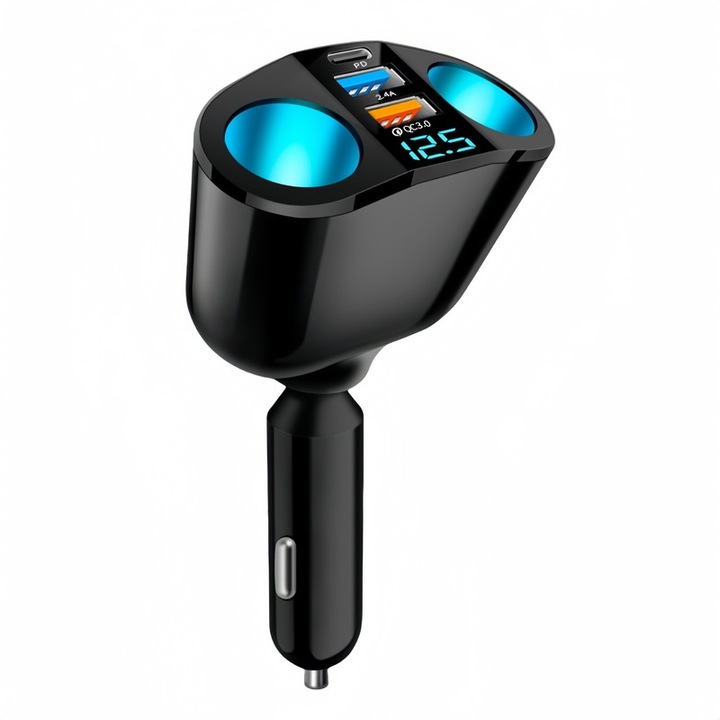 Incarcator auto multifunctional, 2 * brichete + 2 * USB + PD, 66W, negru, ABS
