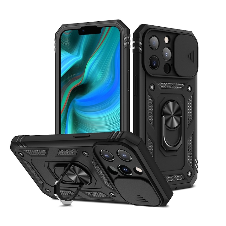 Калъф 360, Armor Cam Shield+Поликарбонатна предна защита, съвместим с Apple iPhone 14 Pro Max, Anti-shock, Вграден опорен магнит за кола, Стойка, Черен