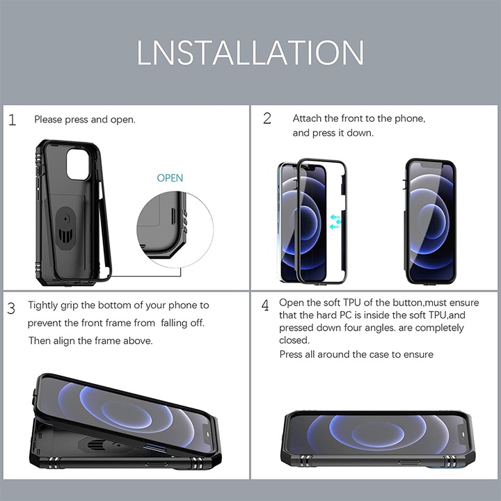 Калъф 360, Armor Cam Shield+Поликарбонатна предна защита, съвместим с Apple iPhone 14 Pro, Anti-shock, Вграден опорен магнит за кола, Стойка, Черен