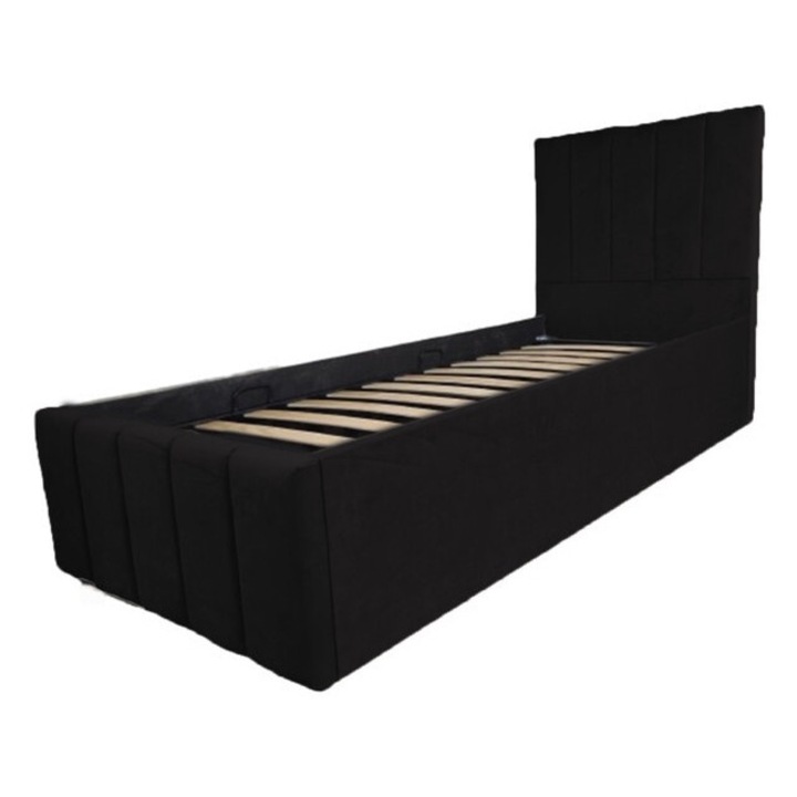 Pat dublu tapitat Confort Plus, 190/120 cm, negru, cu somiera metalica rabatabila si spatiu de depozitare